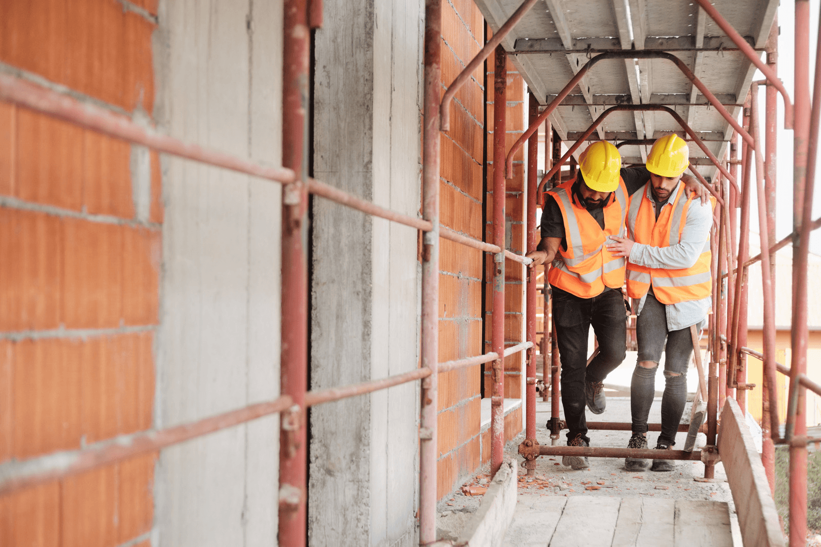 Coworker helping an injured colleague on a construction site: early systems intervention in action